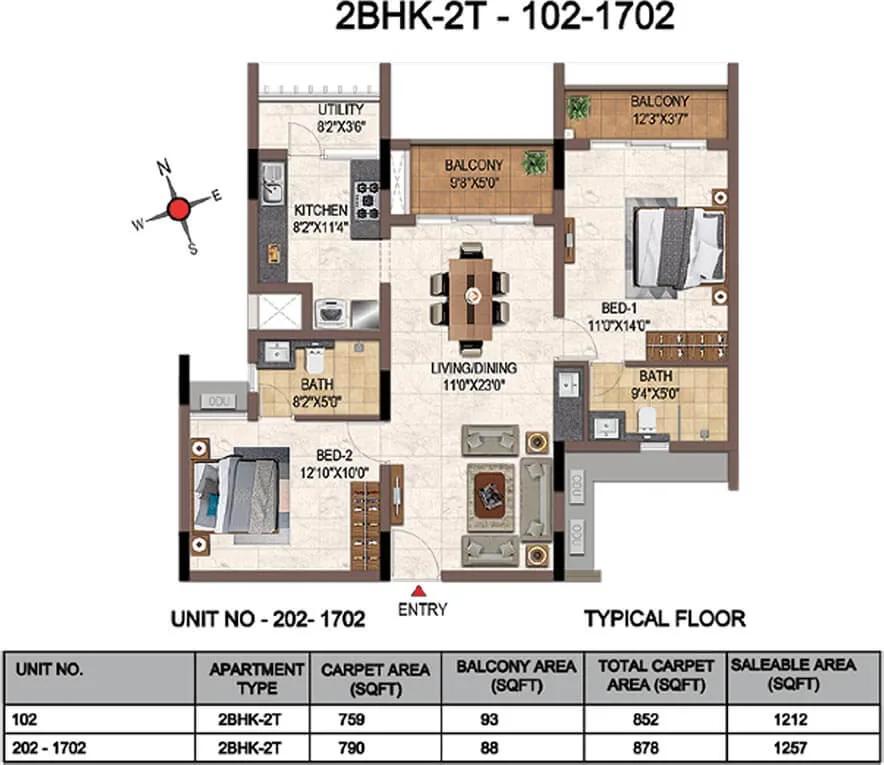 1257 2BHK+2T - Casagrand Galileo