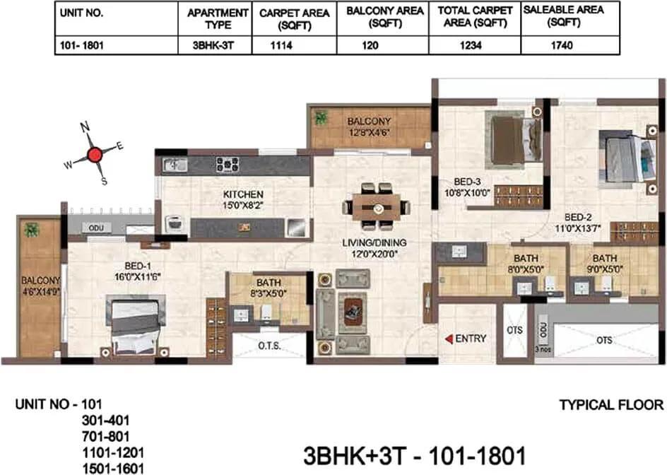 1740 3BHK+3T - Casagrand Galileo