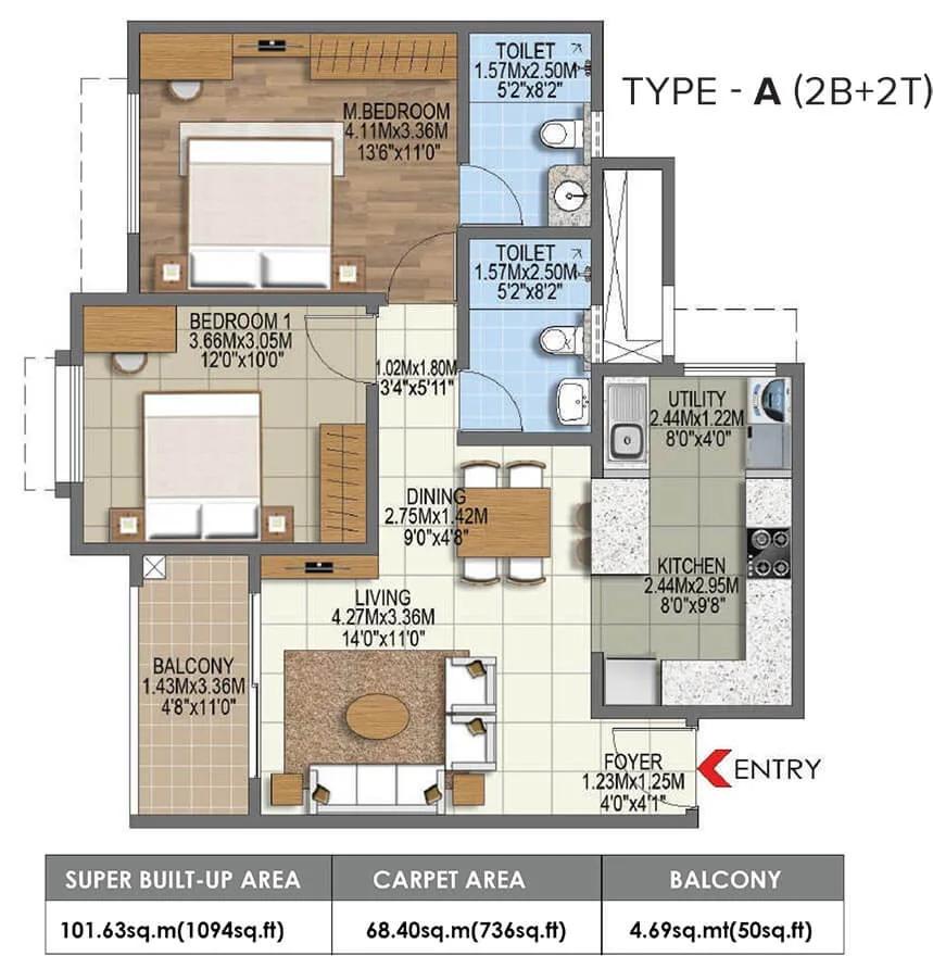 1094 2BHK+2T - Brigade Komarla Heights