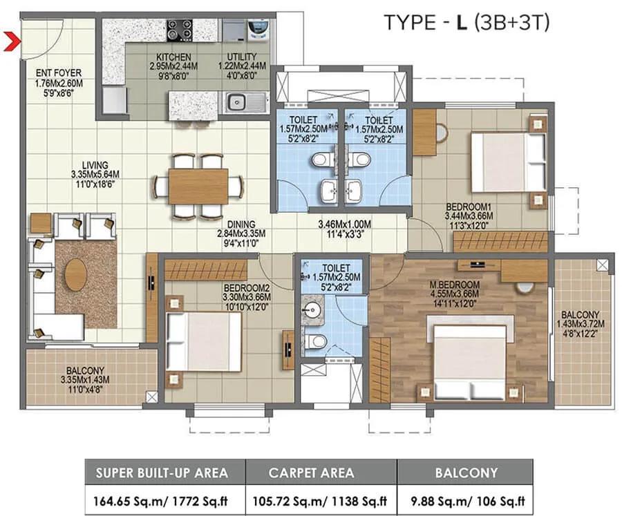 1772 3BHK+3T - Brigade Komarla Heights