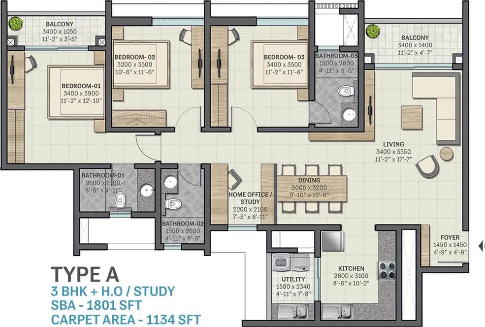 1801 3BHK+Study - Sobha Sentosa Codename Happiness