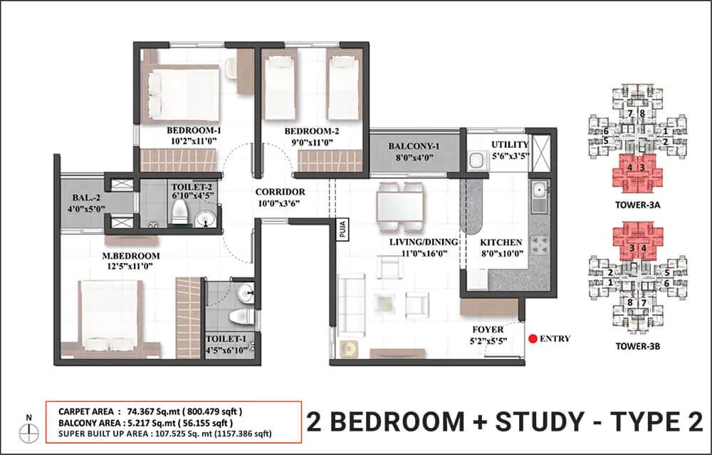 1157 2BHK+S Type2 - Shriram Mangalam Chennai