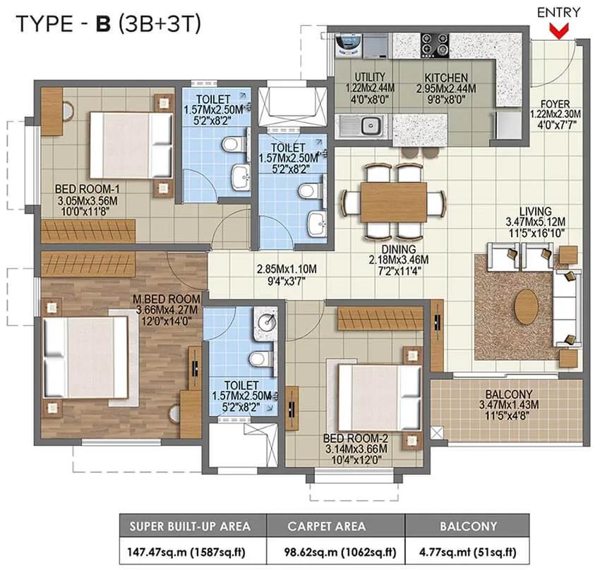 1587 3BHK+3T - Brigade Nanda Heights