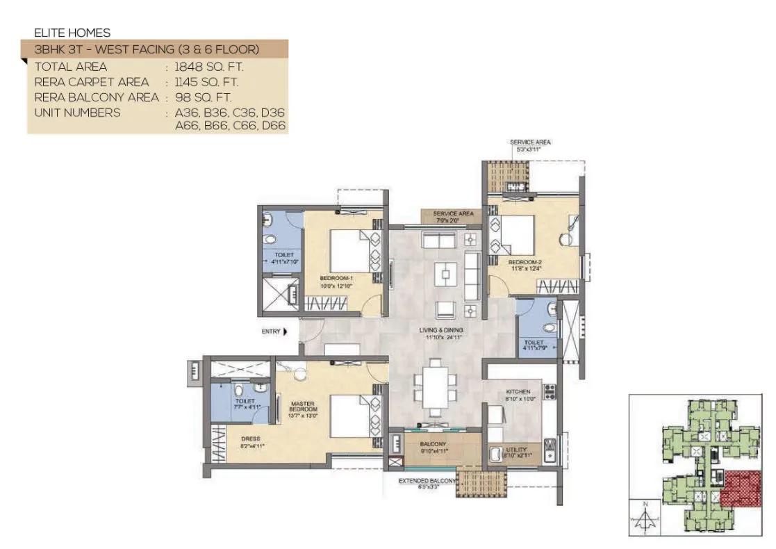 1848 3BHK3T West - Magnific At TVS Emerald Peninsula