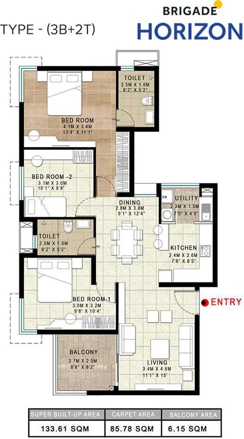 1438 3BHK Brigade Horizon