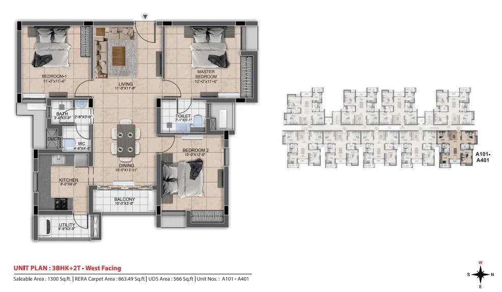 1300 3BHK+2T - DRA Urbania