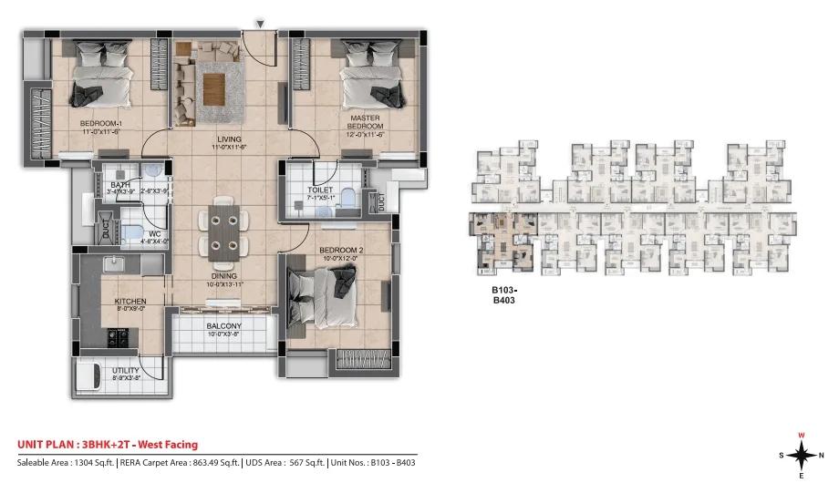 1304 3BHK+2T - DRA Urbania