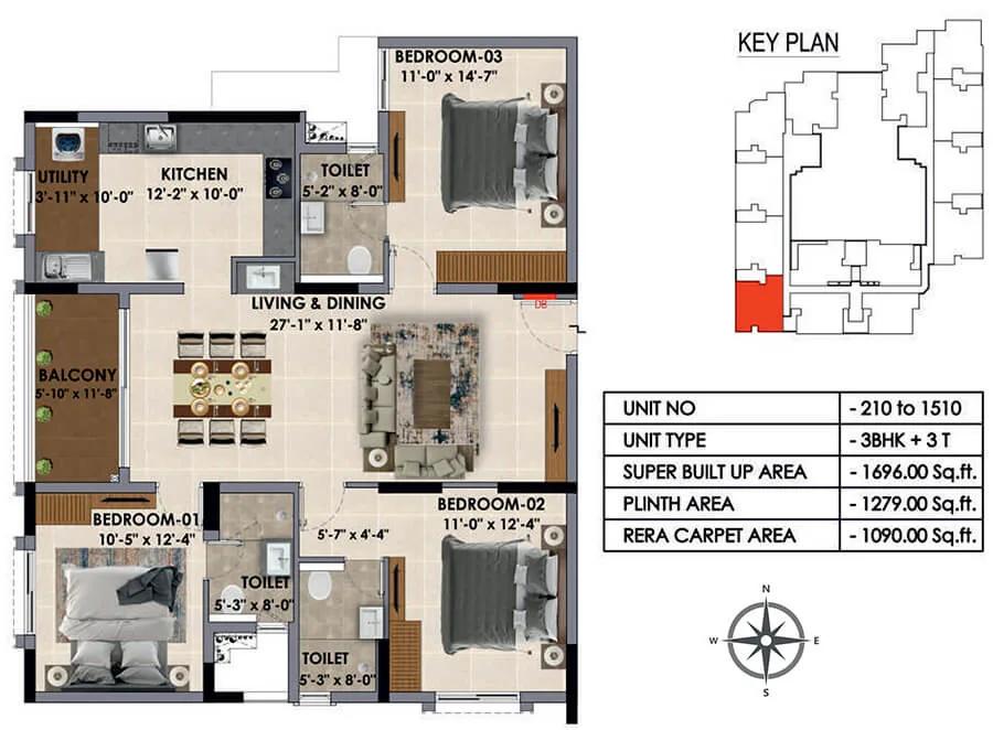1696 3BHK - Radiance Majestic