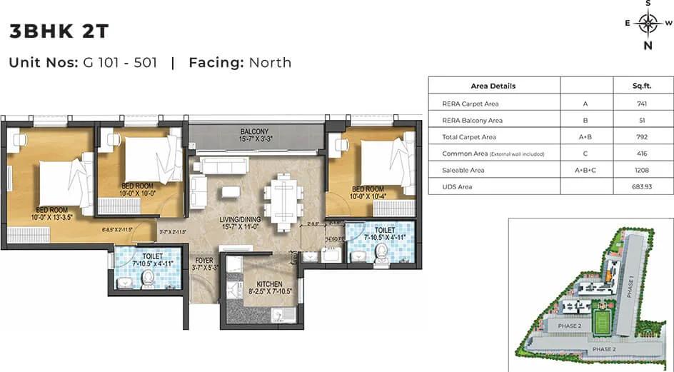 1208 3BHK+2T North - Harmony At TVS Emerald Green Enclave