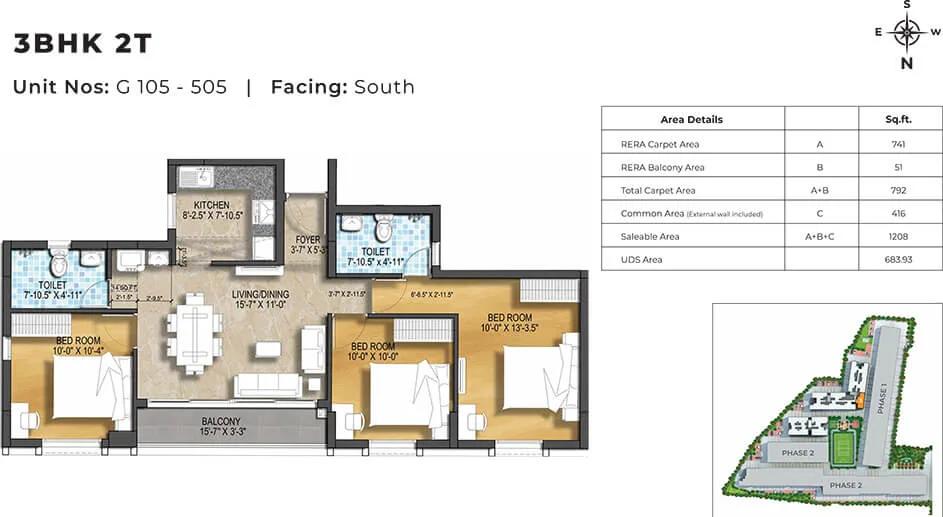 1208 3BHK+2T South - Harmony At TVS Emerald Green Enclave