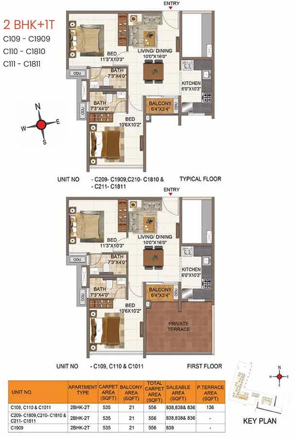 836 2BHK+2T - Casagrand Aria