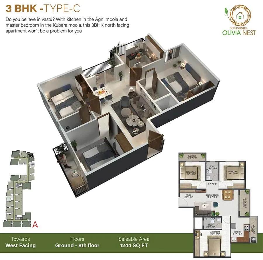 1244 3BHK-C - Sowparnika Olivia Nest