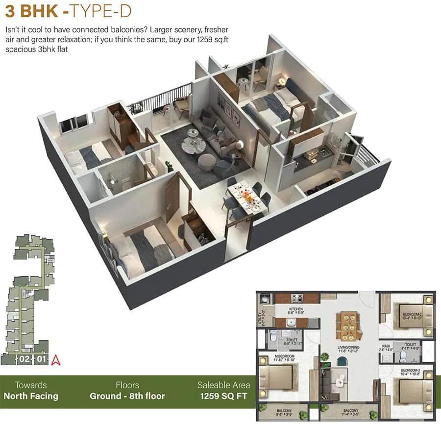 1259 3BHK-D - Sowparnika Olivia Nest