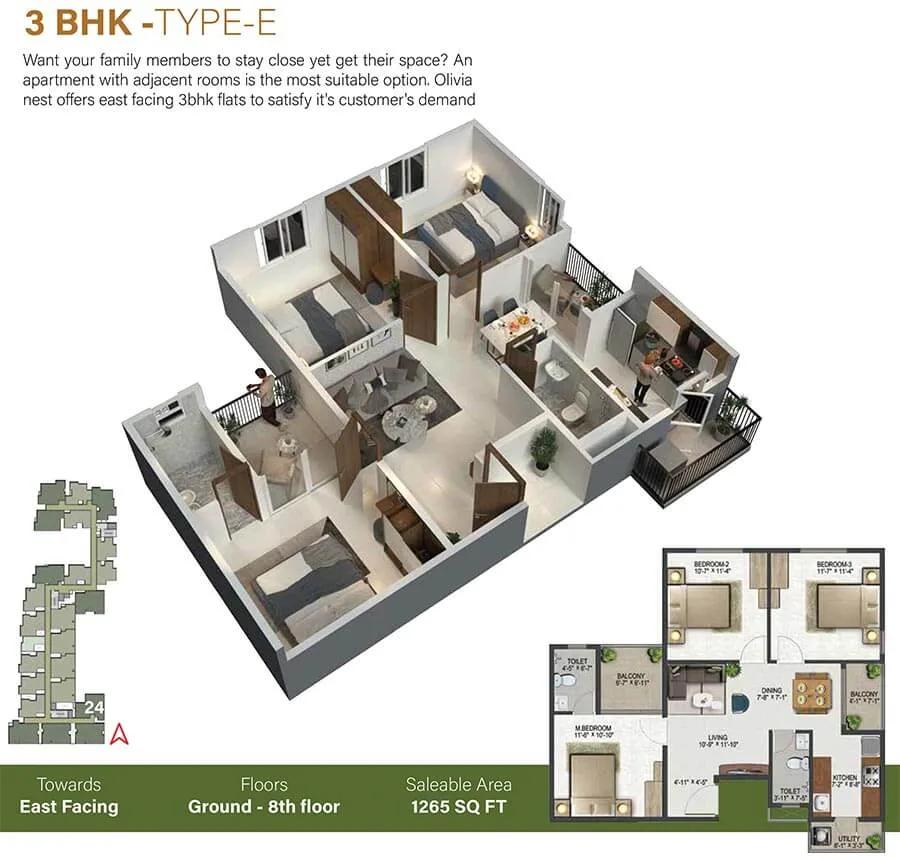 1265 3BHK-E - Sowparnika Olivia Nest