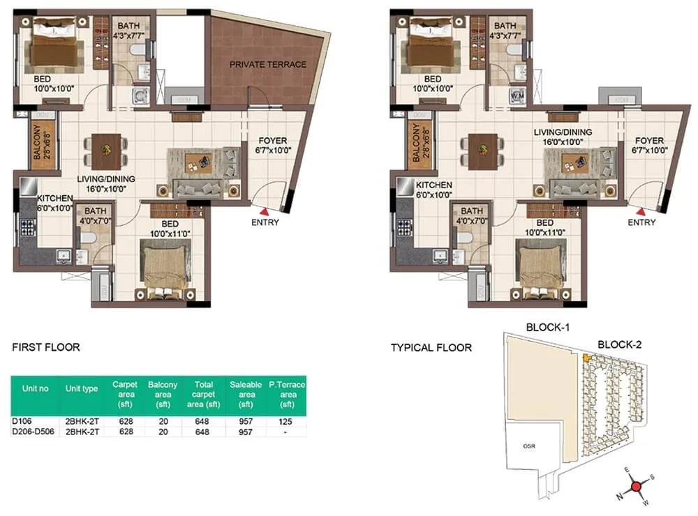 957 2BHK+2T - CasaGrand SouthBrooke