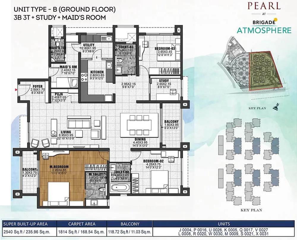 2540 3BHK+S+MR - Pearl At Brigade Atmosphere