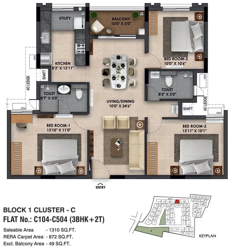 3bhk+2t 1310 radiance the prime