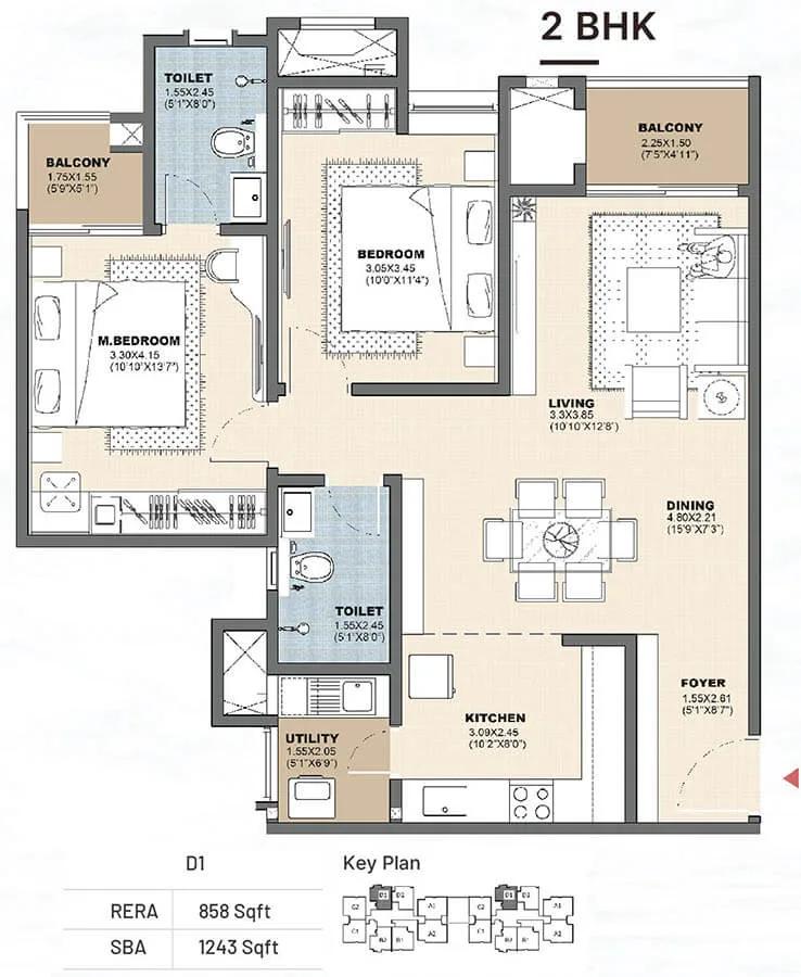 2bhk 1243 vajram newtown 2.0