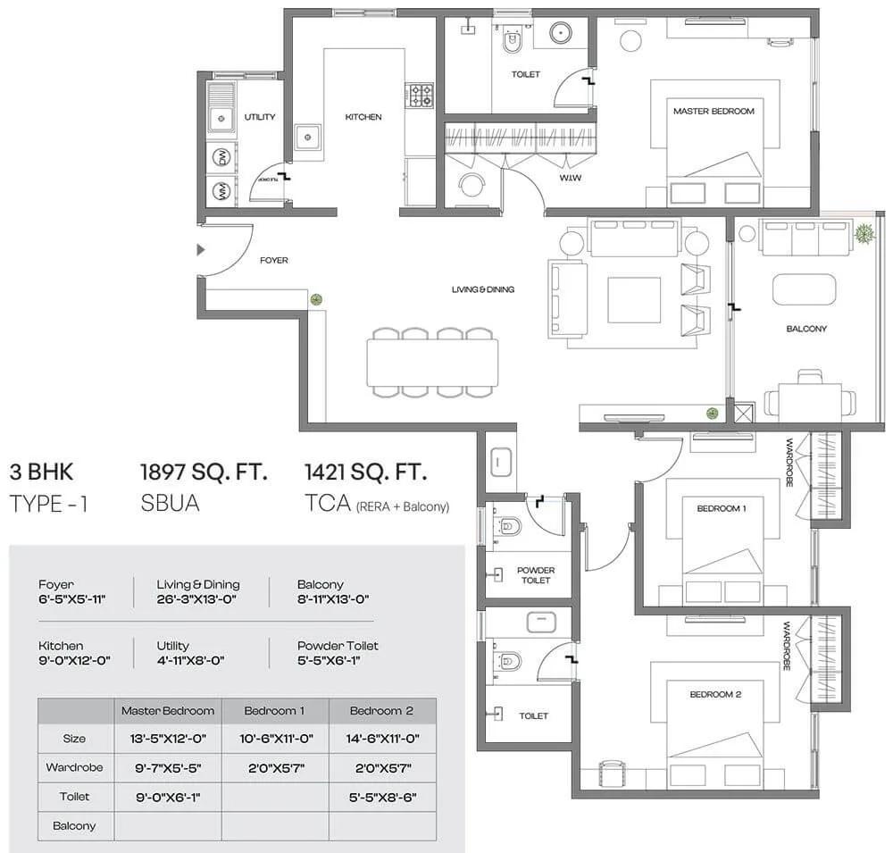 3BHK 1897 - Assetz Meru & Meadow