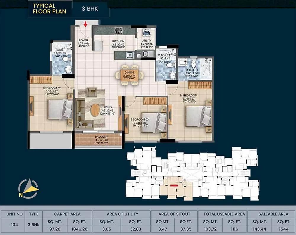 3bhk 1544 pride altius