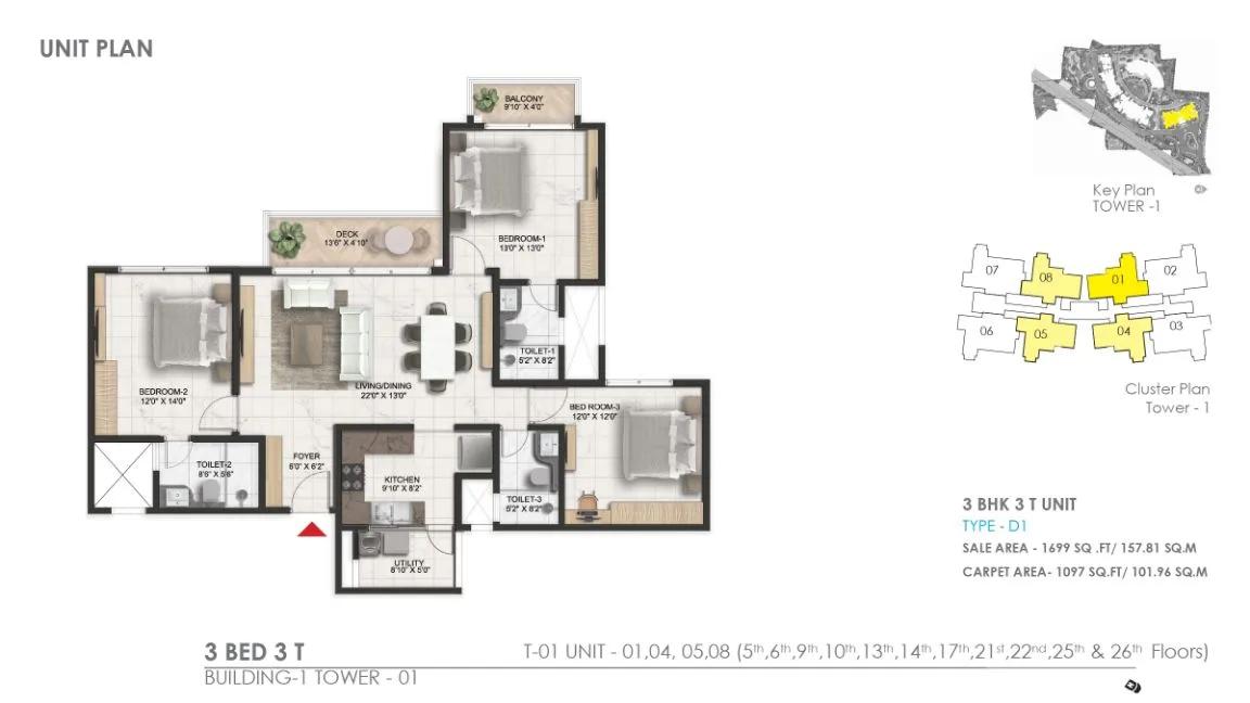 1699 3bhk 3t prestige serenity shores