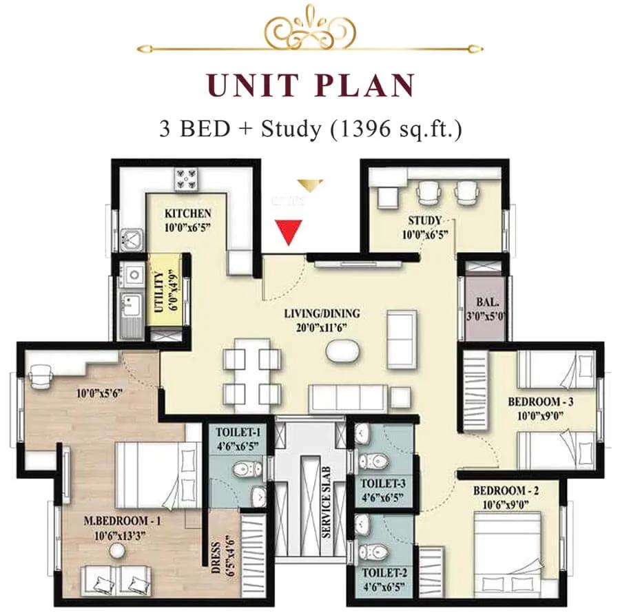 3bhk+study 1396 shriram imperial heights