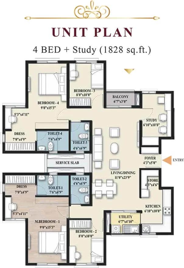 4bhk+study 1828 shriram imperial heights