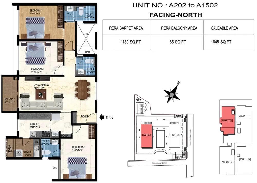 3bhk 1845 tvs emerald luxor