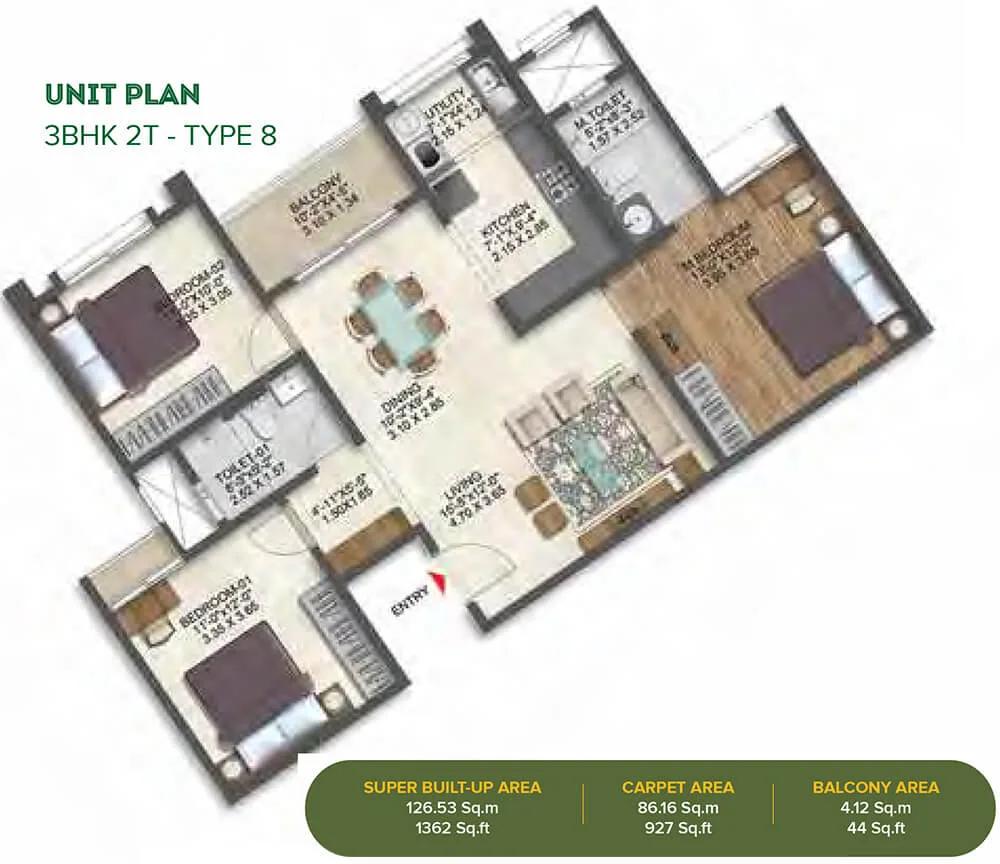 3BHK 1362 - Brigade Calista