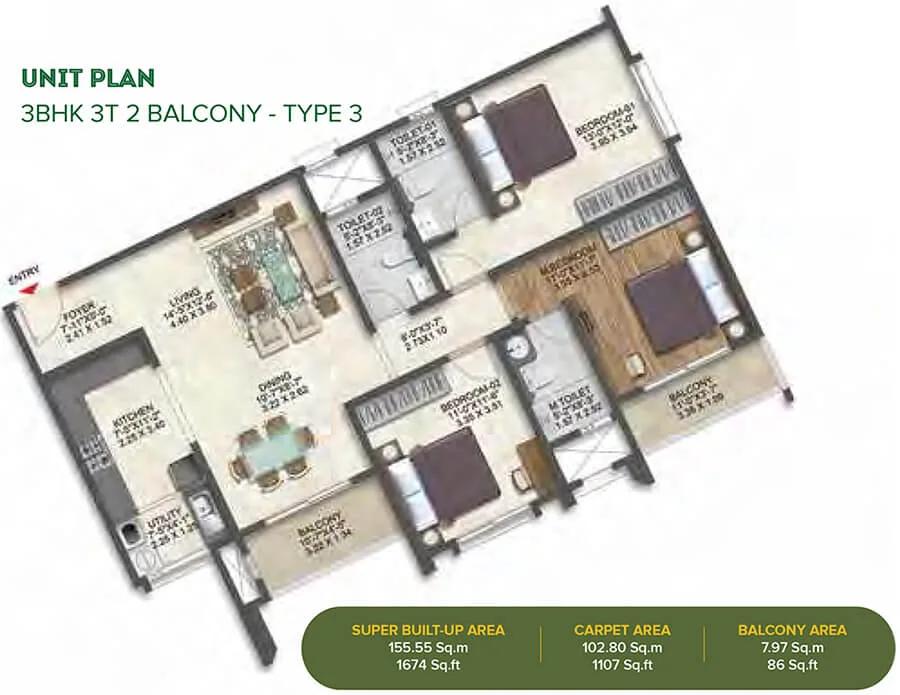 3BHK 1674 - Brigade Calista