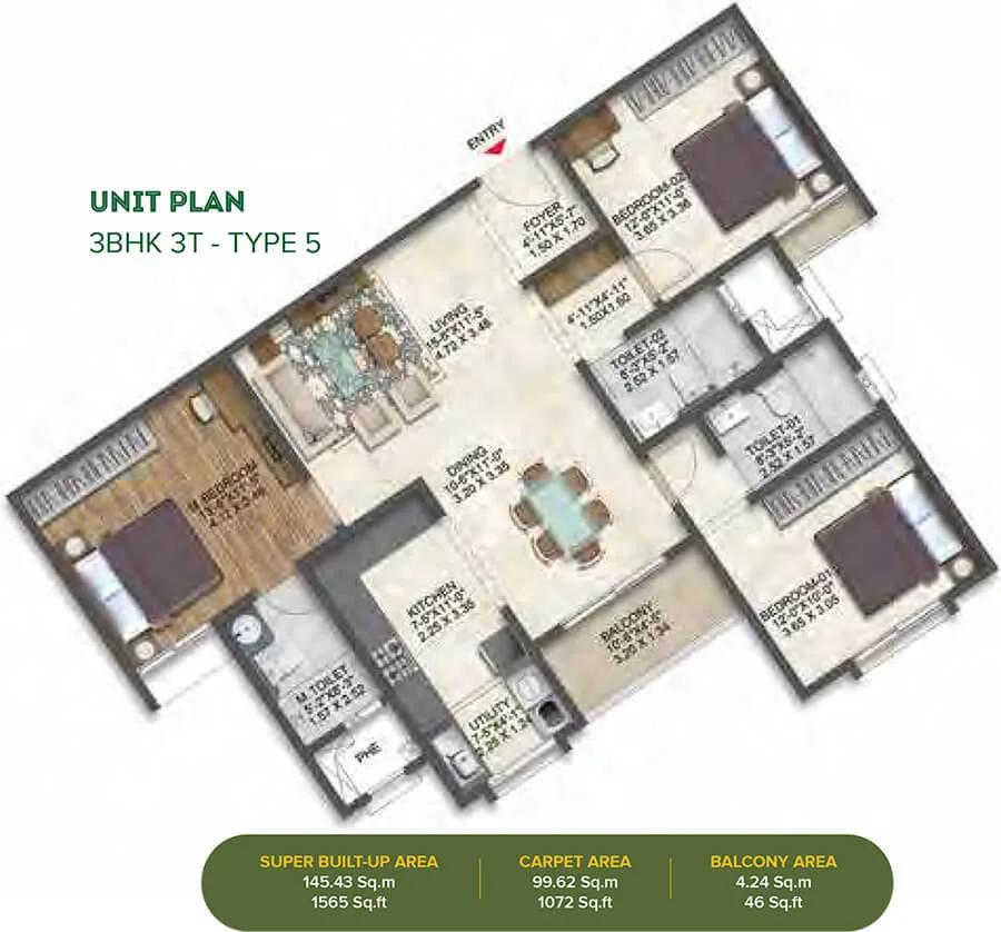 3BHK 1565 - Brigade Calista