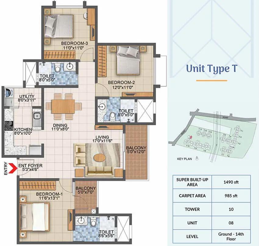 1490 3BHK - Prestige Primrose Hills Phase 2
