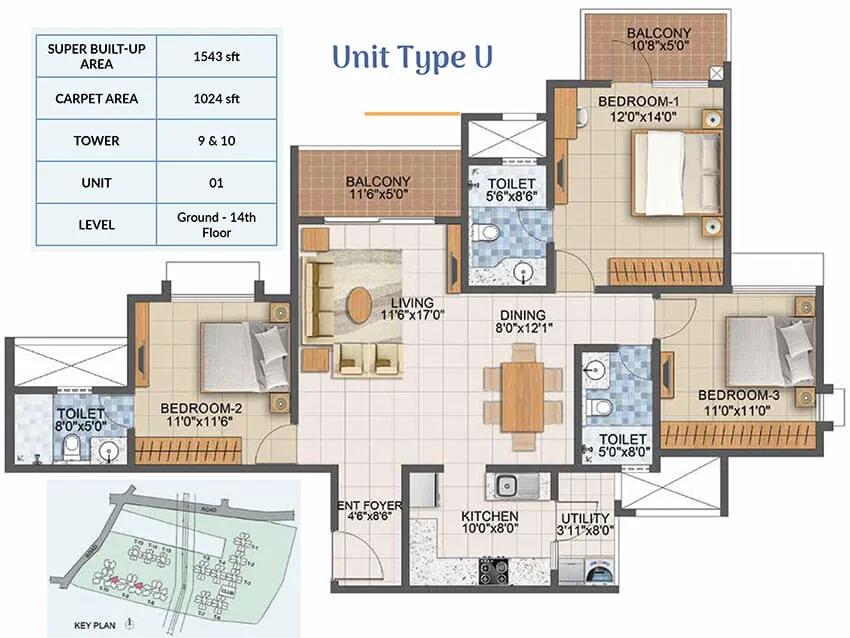 1543 3BHK - Prestige Primrose Hills Phase 2