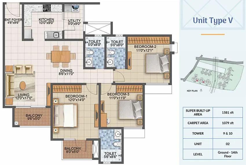 1581 3BHK - Prestige Primrose Hills Phase 2