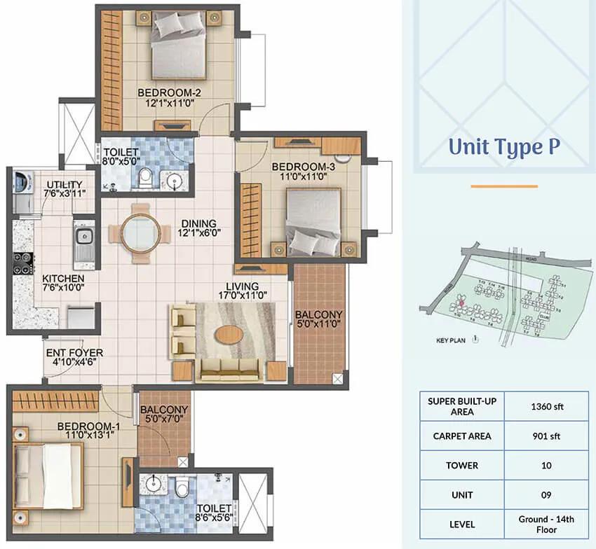 1360 3BHK - Prestige Primrose Hills Phase 2