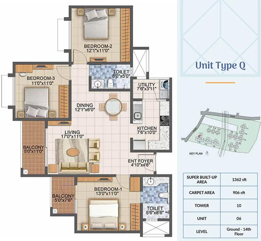 1362 3BHK - Prestige Primrose Hills Phase 2