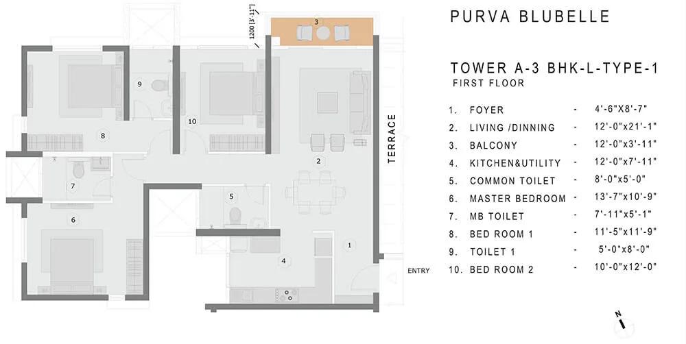 3BHK-L Type-1 - Purva Bluebelle