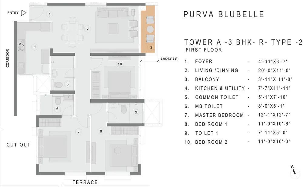 3BHK-R Type-2 - Purva Bluebelle