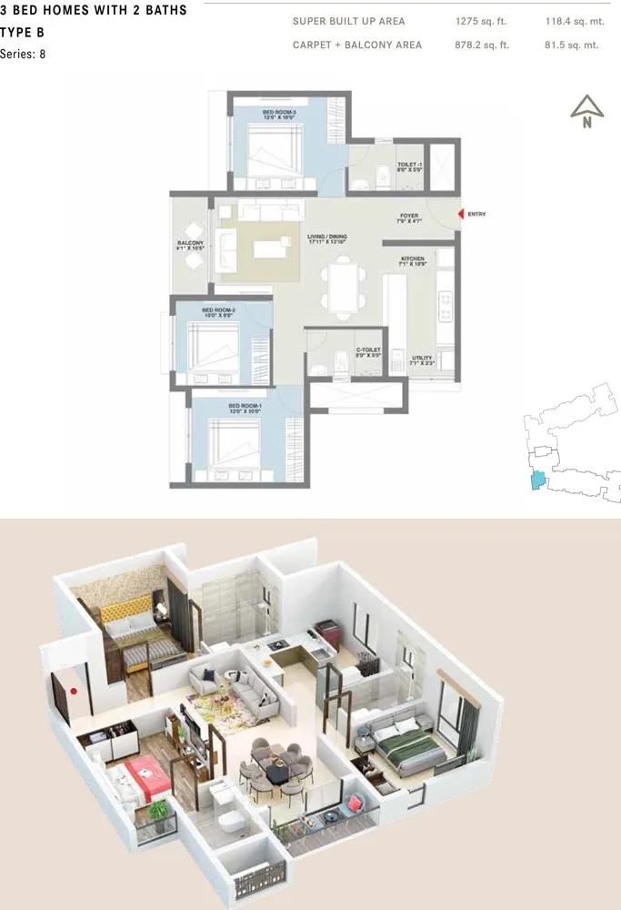 1275 3BHK+2T B - Century Codename New You Century Novus