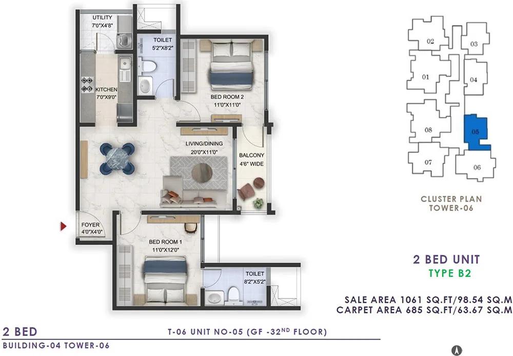 1061 2BHK - Prestige Lavender Fields