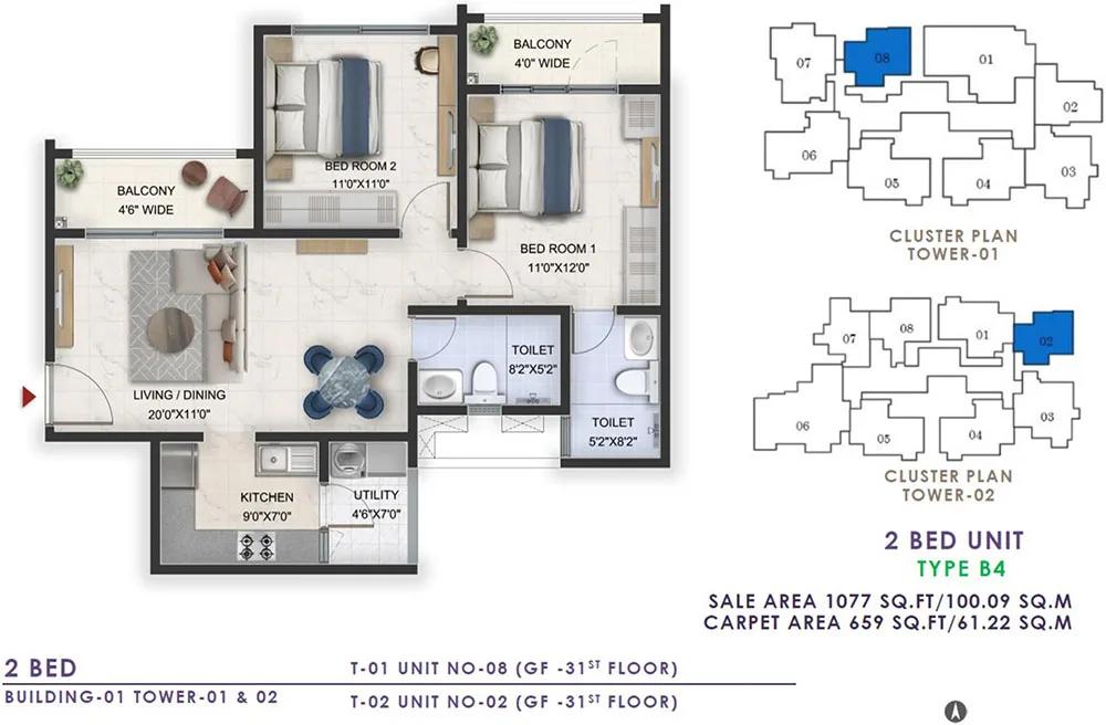 1077 2BHK - Prestige Lavender Fields