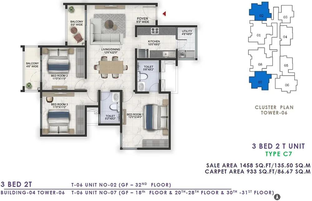 1458 3BHK+2T - Prestige Lavender Fields