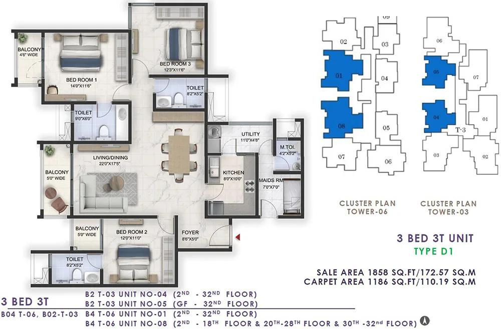 1858 3BHK+3T - Prestige Lavender Fields