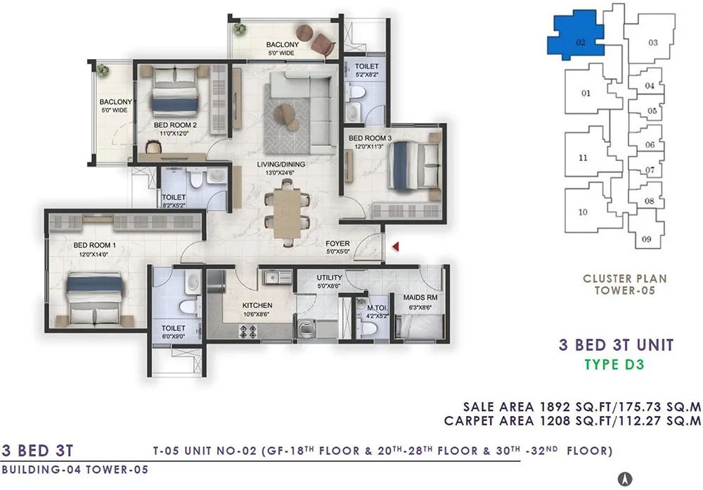 1892 3BHK+3T - Prestige Lavender Fields