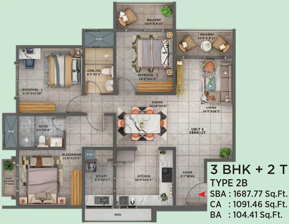3BHK 1687 - Sattva Forest Ridge Anjanapura