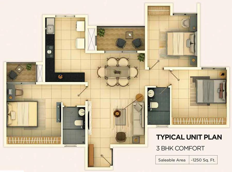3bhk comfort 1250 provident ecopolitan
