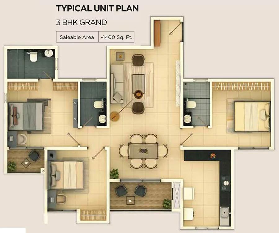3bhk grand 1400 provident ecopolitan