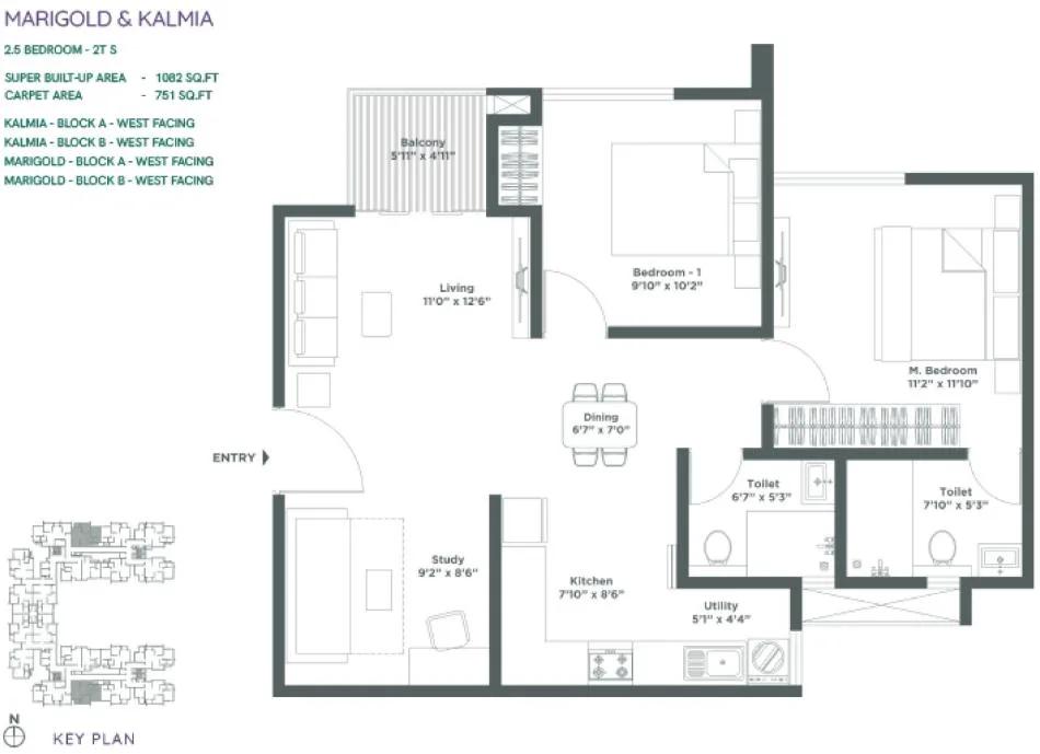 2.5BHK 1082 - Embassy Verde