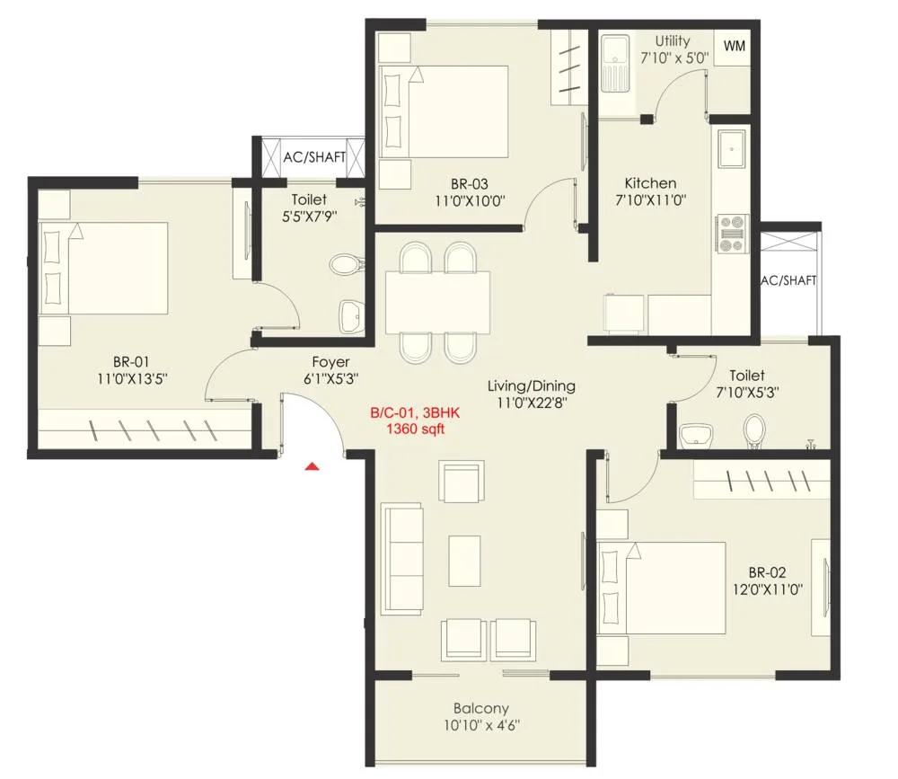 3 BHK – 1360 – SNN Raj Grandeur