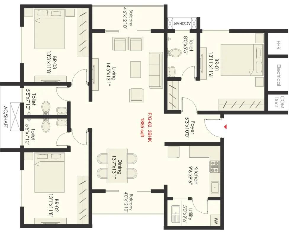 3 BHK – 1885 – SNN Raj Grandeur